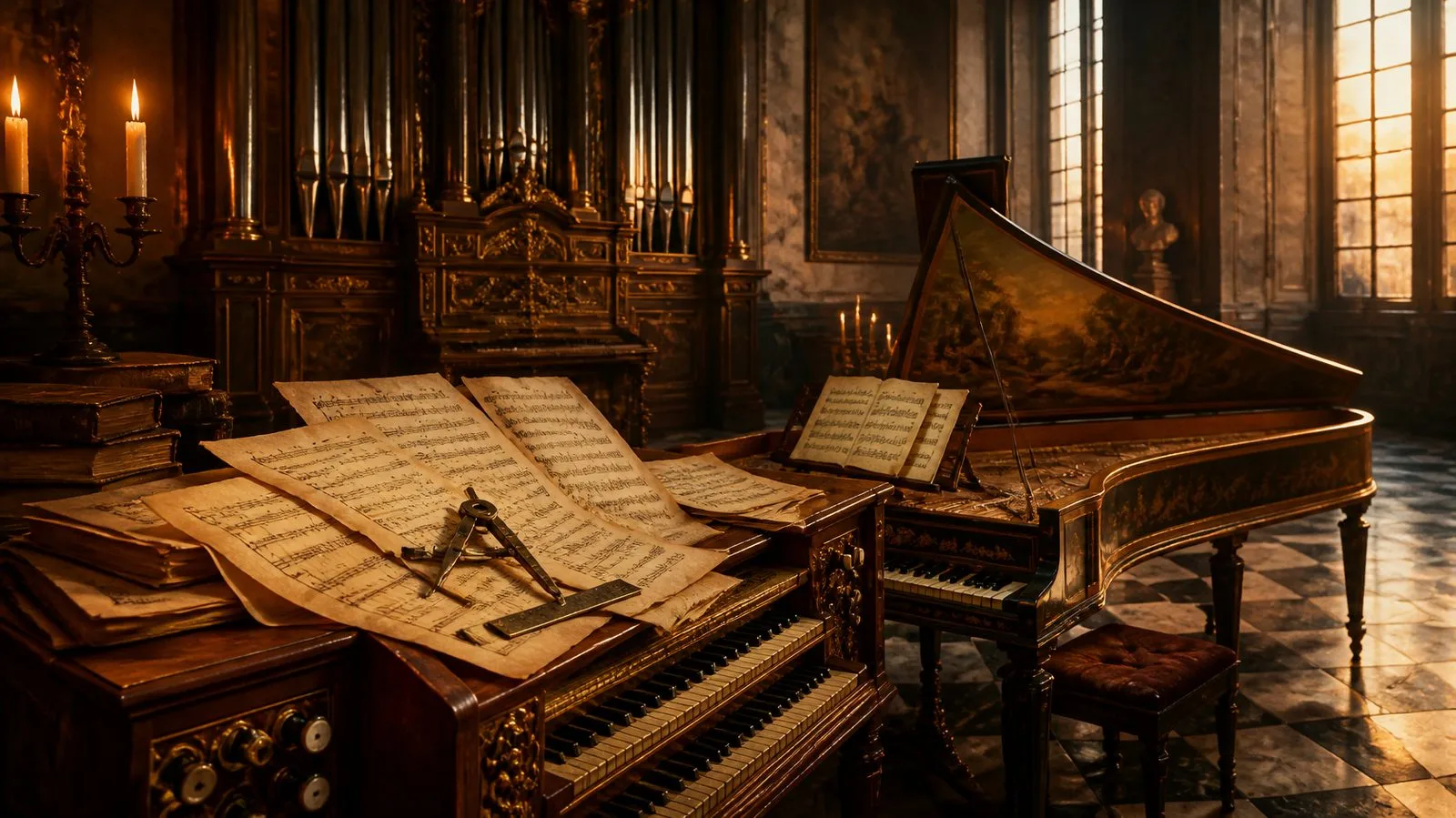Órgano y clavicémbalo barrocos con partituras antiguas, una escuadra y un compás sobre ellas, en una sala iluminada por velas