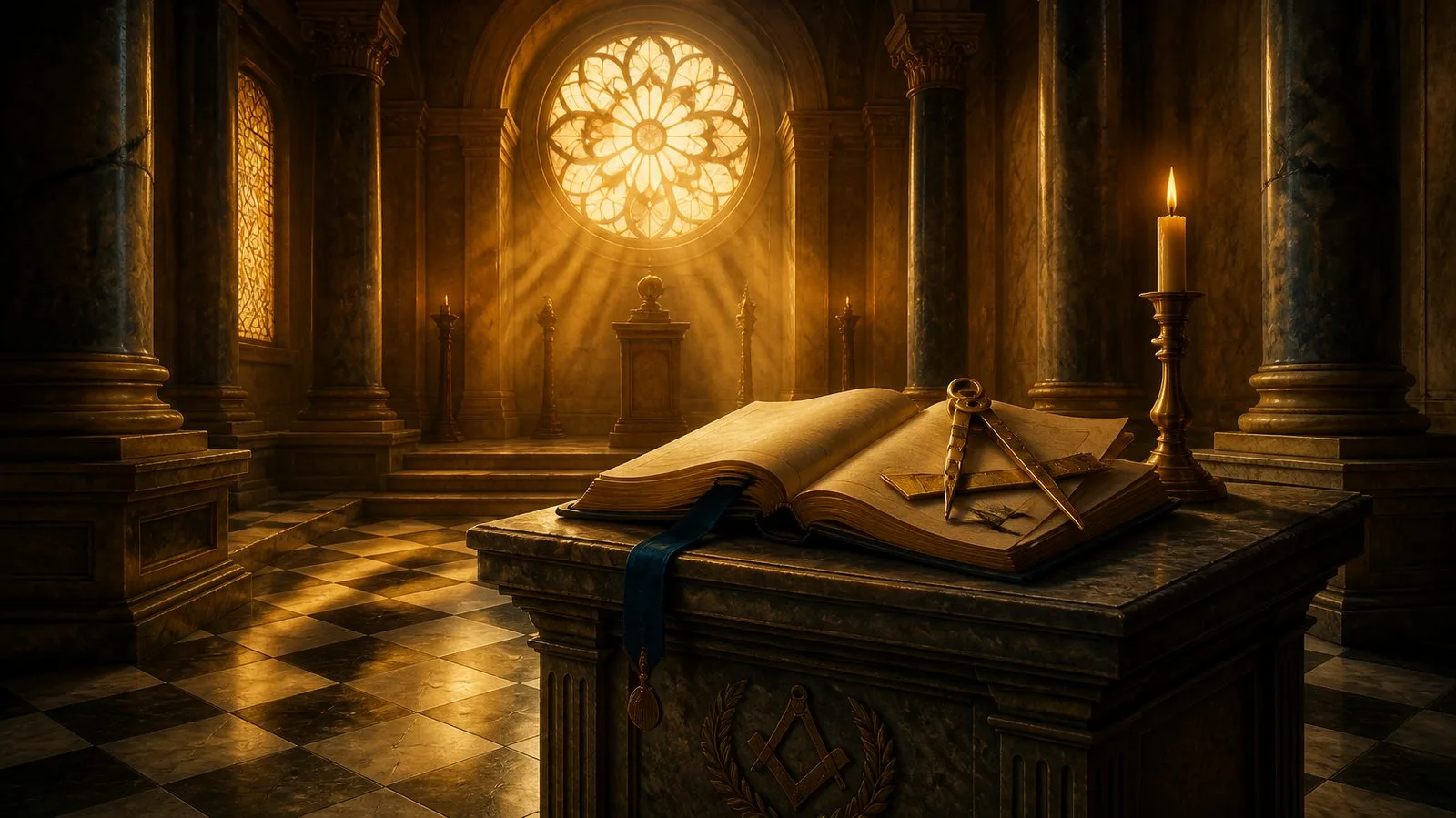 Libro abierto con escuadra y compás sobre un altar de piedra ante un rosetón iluminado, entre columnas y suelo ajedrezado