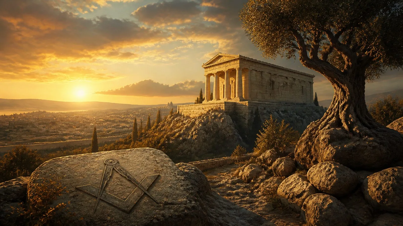 Templo clásico sobre el monte Moriah al amanecer, con un olivo y la escuadra y el compás grabados en una piedra en primer plano