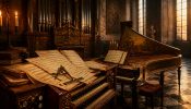 Simbología en la música de Bach Órgano y clavicémbalo barrocos con partituras antiguas, una escuadra y un compás sobre ellas, en una sala iluminada por velas