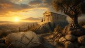 Templo clásico sobre el monte Moriah al amanecer, con un olivo y la escuadra y el compás grabados en una piedra en primer plano