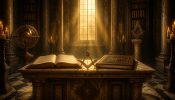 Libro abierto y libro sagrado cerrado a ambos lados de una escuadra y un compás sobre un altar de mármol, en una biblioteca iluminada por velas y luz dorada