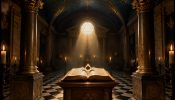 La tolerancia: templo y libro abierto Interior de un templo clásico iluminado por un haz de luz dorada que cae sobre un libro abierto con escuadra y compás, entre columnas, velas y suelo ajedrezado