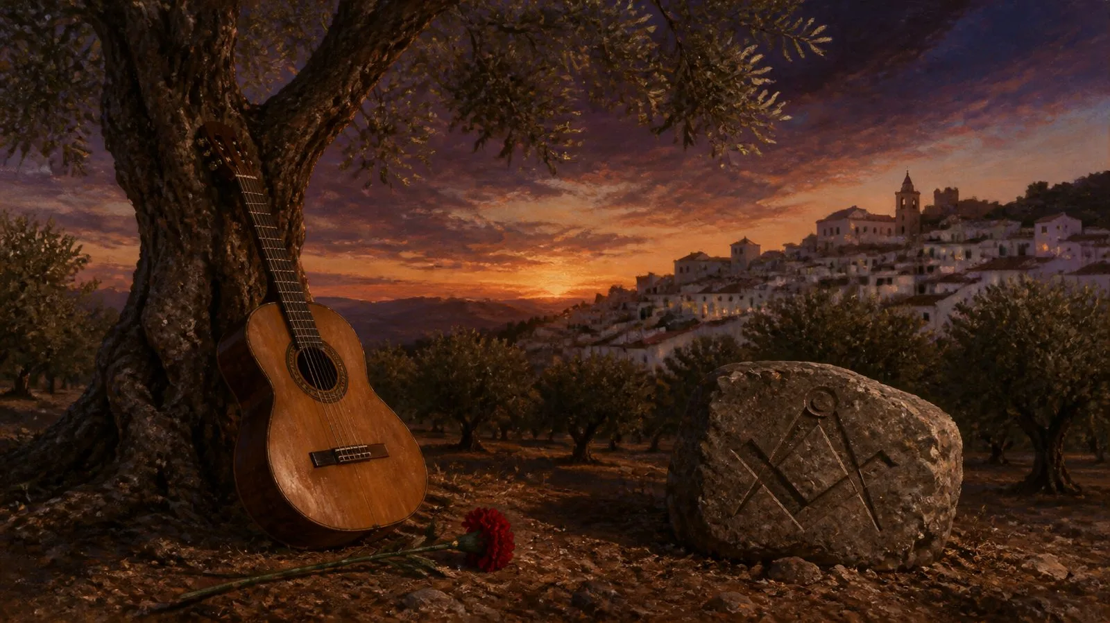Guitarra apoyada en un olivo al anochecer, con un clavel rojo en el suelo y la escuadra y el compás grabados en una piedra, ante un pueblo blanco andaluz