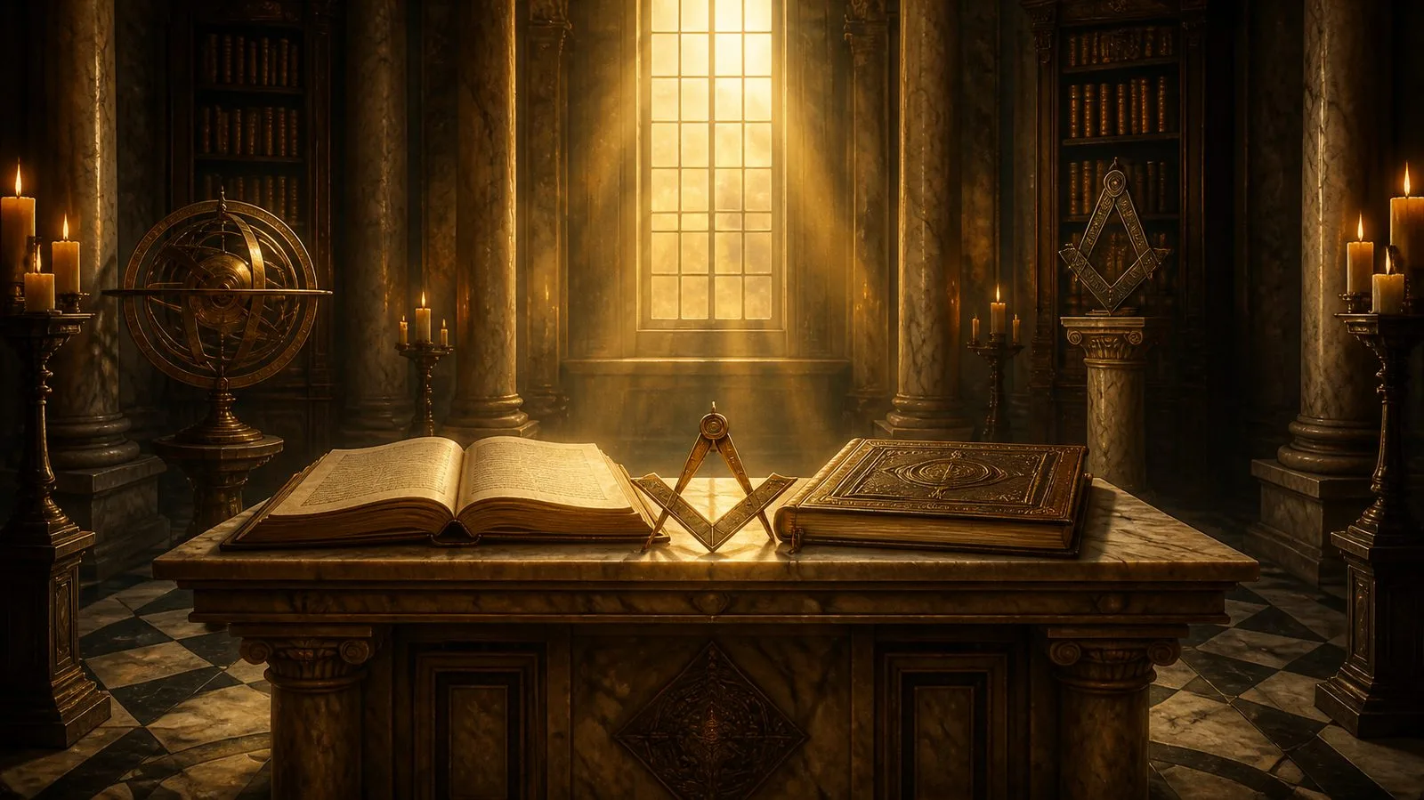 Libro abierto y libro sagrado cerrado a ambos lados de una escuadra y un compás sobre un altar de mármol, en una biblioteca iluminada por velas y luz dorada
