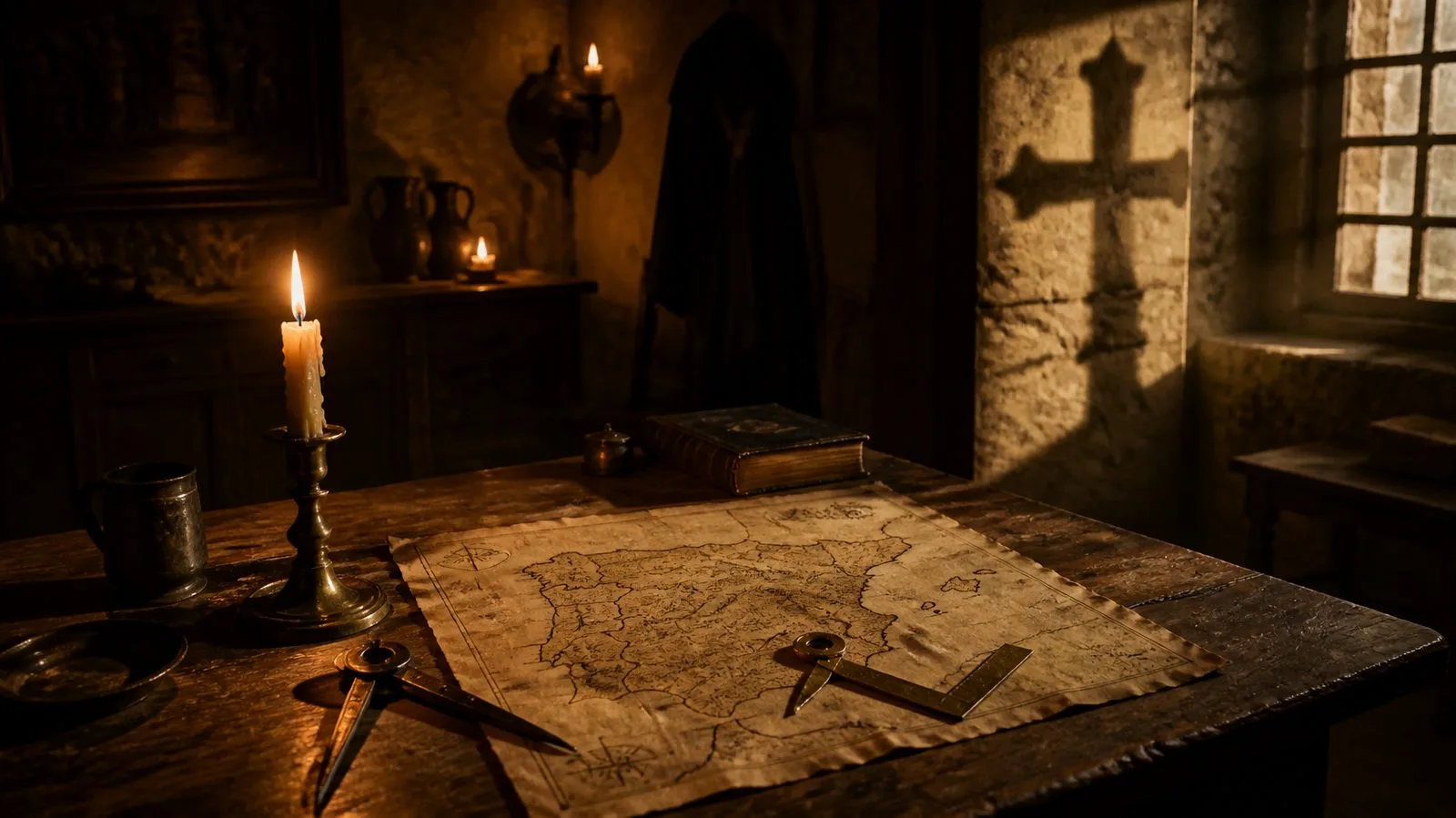 Mesa de madera a la luz de una vela con un mapa antiguo de España, escuadra y compás, y la sombra de una cruz en el muro de piedra