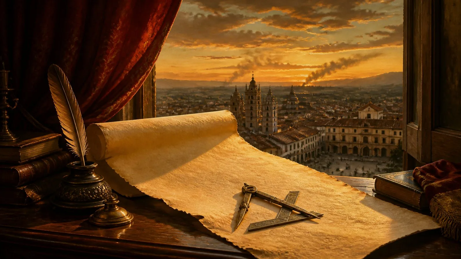 Pergamino con pluma, tintero, escuadra y compás junto a una ventana que da a una ciudad española al atardecer