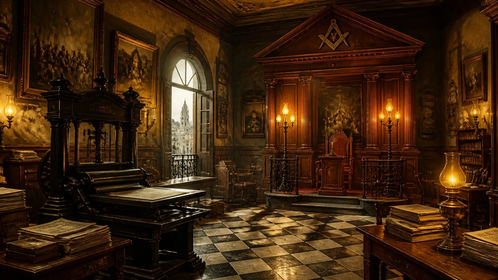Sala de logia decimonónica con una imprenta, pilas de libros y periódicos, lámparas encendidas y la escuadra y el compás sobre el frontal de madera