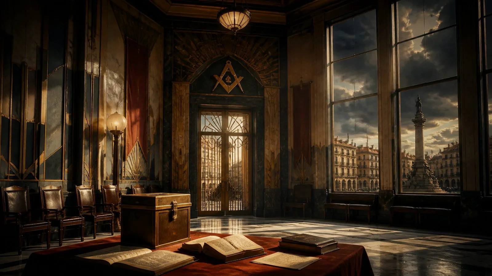 Gran salón art déco con una urna y libros abiertos sobre una mesa, la escuadra y el compás sobre la puerta y un cielo tormentoso en las ventanas